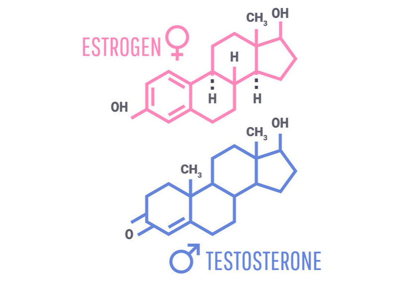 107435192 - sex hormones molecular formula: estrogen and testosterone hormones symbol.